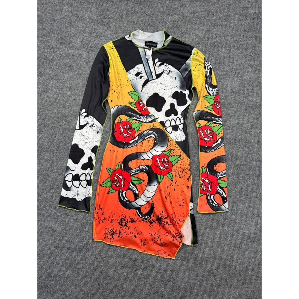 Dolls Kill Current Mood Skull Snake Rose Graphic Mini Dress Orange Black Small‎